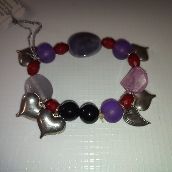 Large Bracelet Purple and Red Beads Handmade Vintage Hearts Charms - Picture 2 of 6